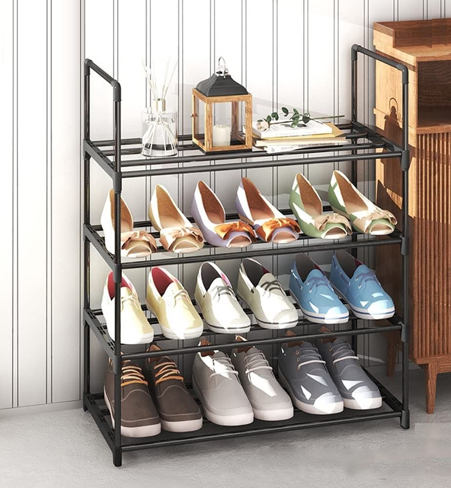 Multi-Level Powder-Coated Metal Shoe Organizer - 4-Tier Rack for Up to 15 Pairs (55cm Black)