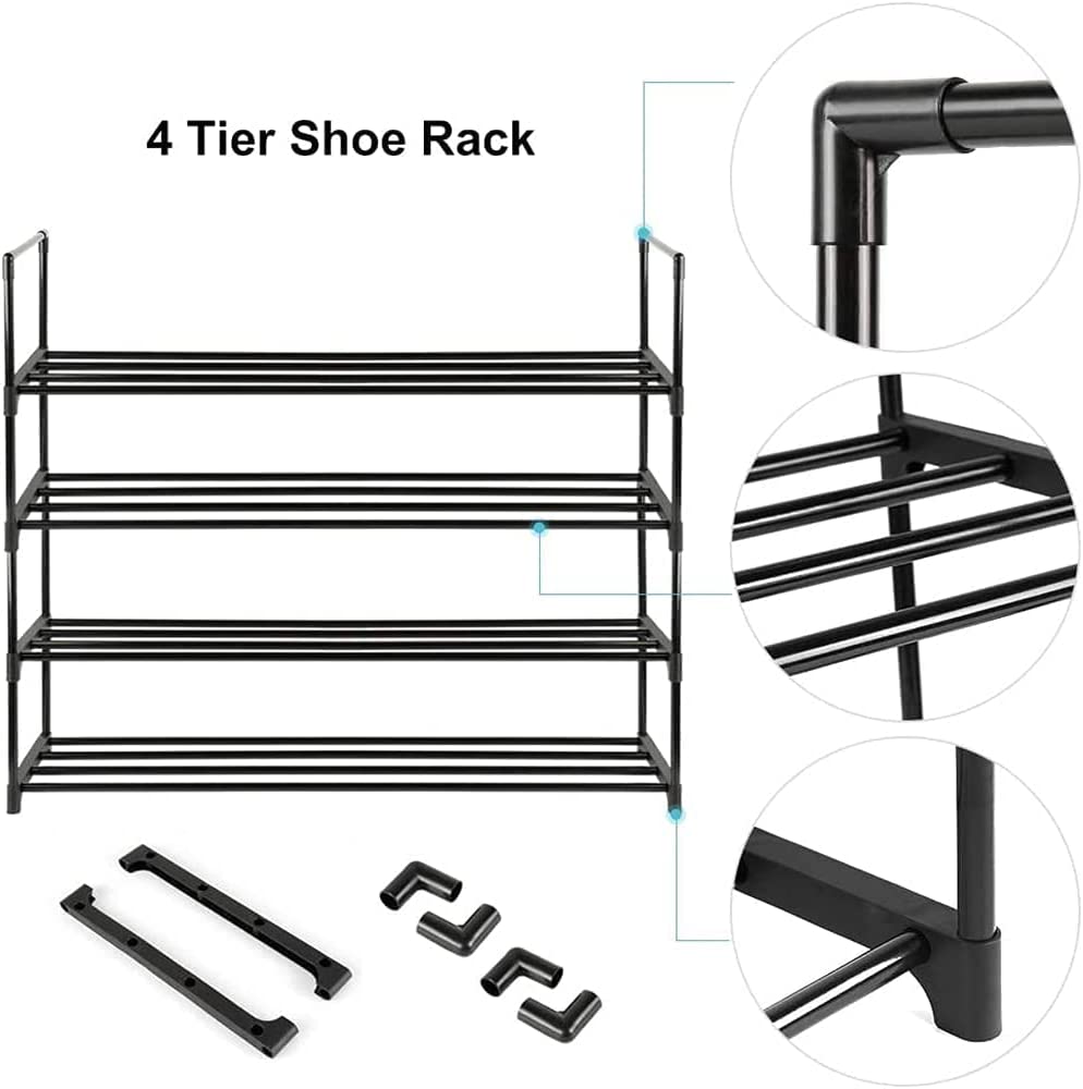 Multi-Level Powder-Coated Metal Shoe Organizer - 4-Tier Rack for Up to 15 Pairs (55cm Black)