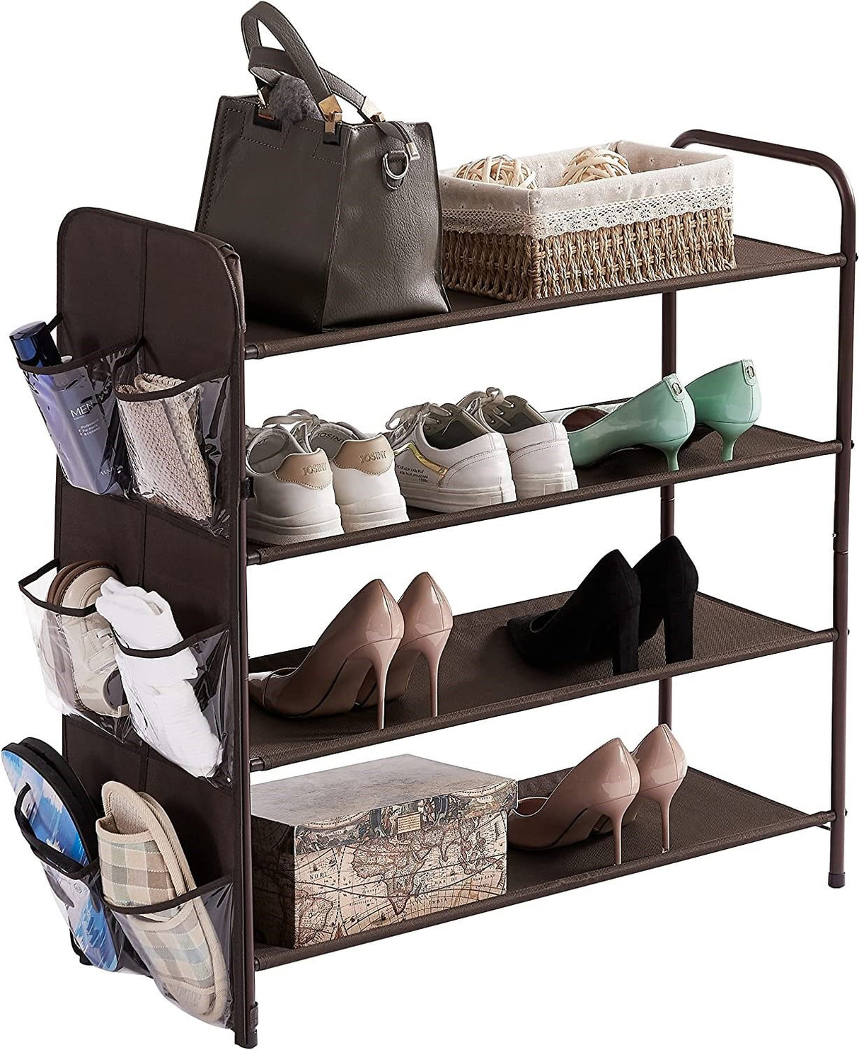 Bronze 4-Tier Metal Shoe Rack with Side Storage for Entryway and Bedroom