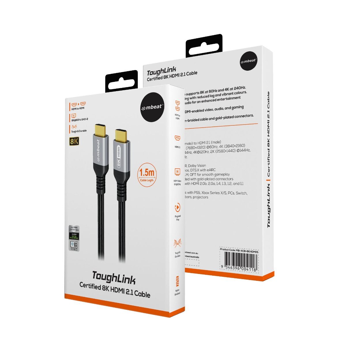 mbeat Tough Link 1.5m Certified 8K HDMI Cable - Space Grey