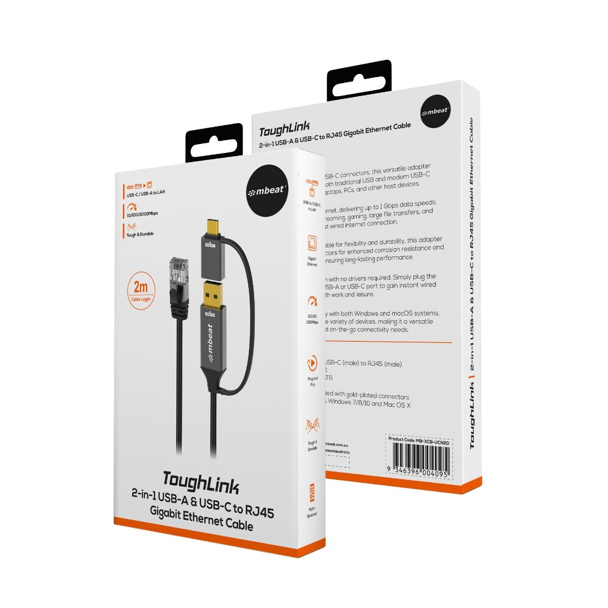 mbeat Tough Link 2m USB & USB-C to RJ45 Ethernet Cable - Space Grey