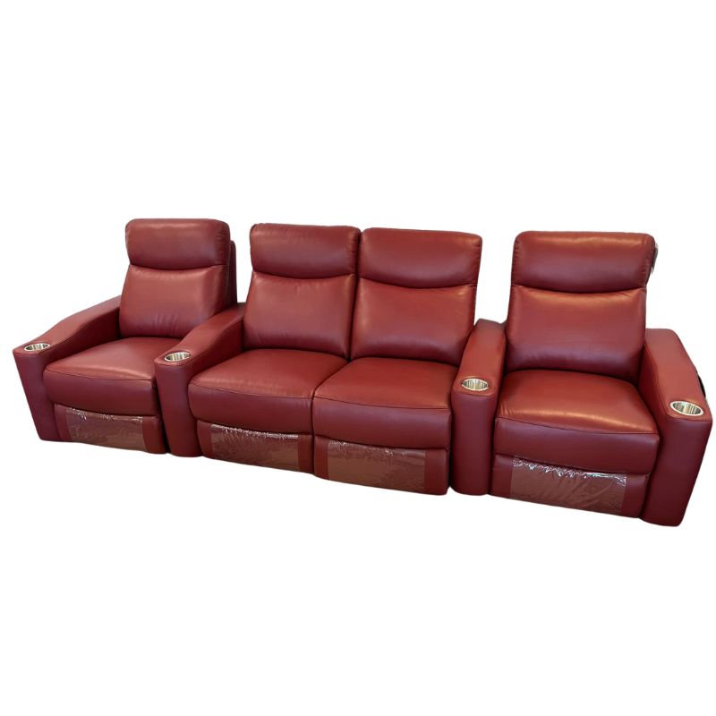 Chicago 4 Seat Home Theatre Genuine Leather Lounge with all Electric Recliners & 4 Cup Holders Red
