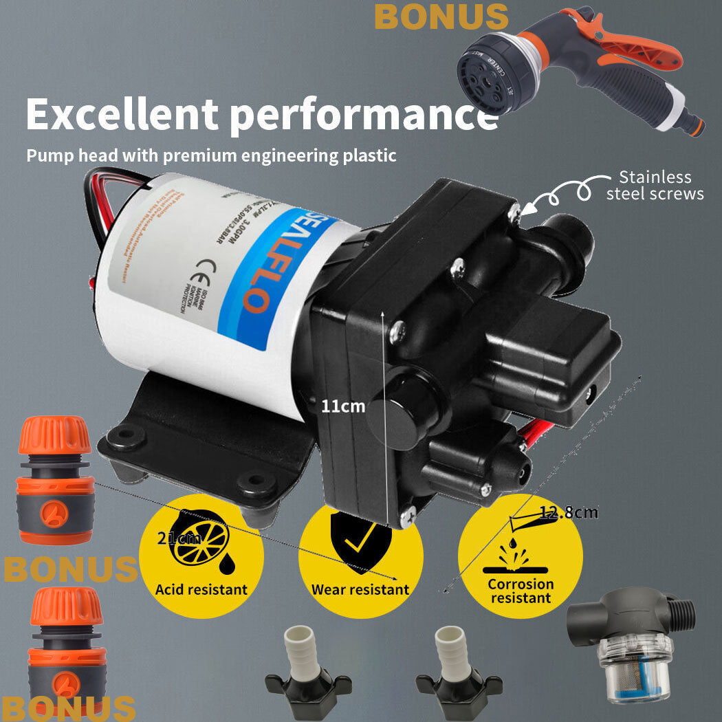 12V SEALFLO Water Pump High Pressure Self-priming rv Camping Boat 55PSI 11.3L/M