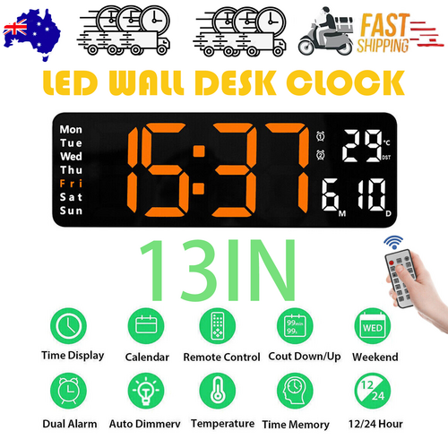 13 Orange Large Digital Big Jumbo LED Wall Desk Clock Display With Temperature Calendar