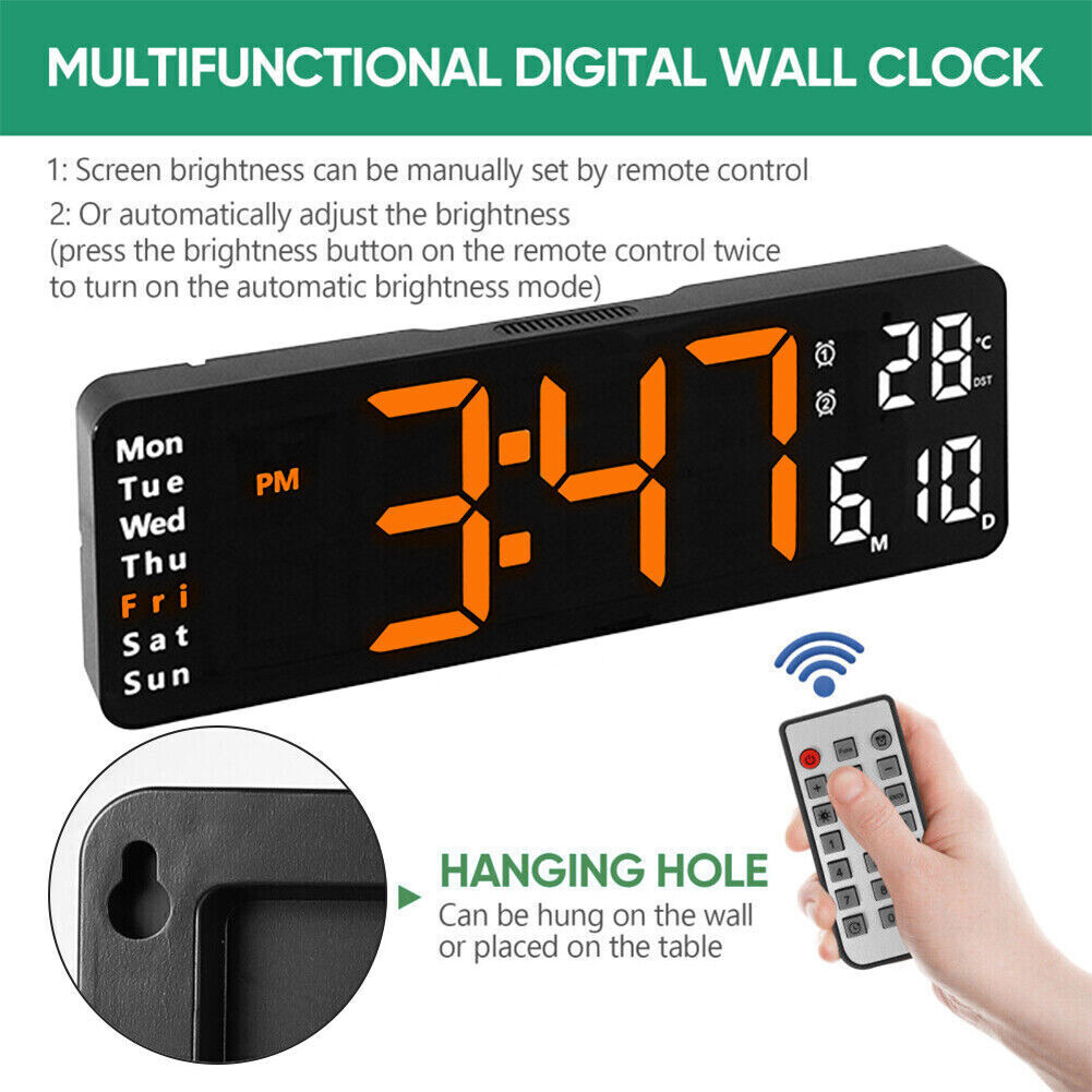 13 Orange Large Digital Big Jumbo LED Wall Desk Clock Display With Temperature Calendar