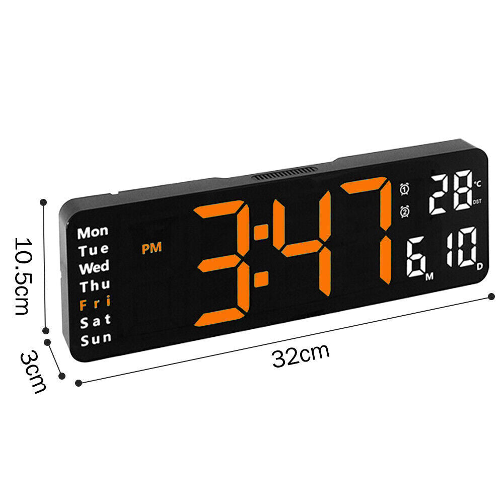 13 Orange Large Digital Big Jumbo LED Wall Desk Clock Display With Temperature Calendar