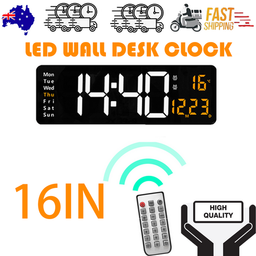 16 Orange Large Digital Big Jumbo LED Wall Desk Clock Display With Temperature Calendar