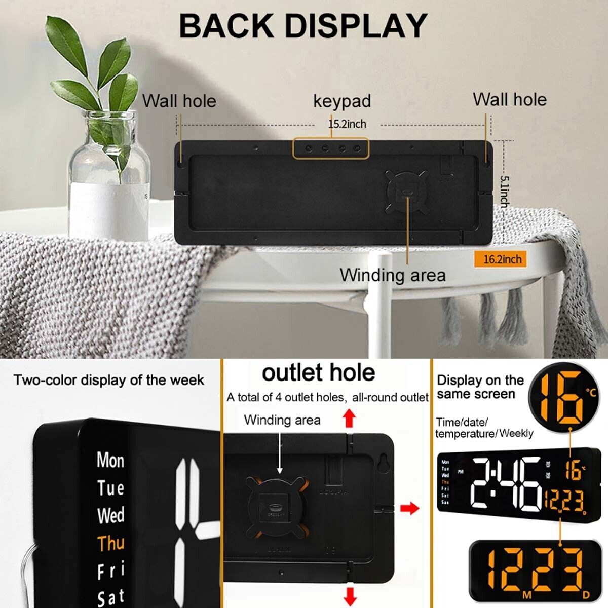 16 Orange Large Digital Big Jumbo LED Wall Desk Clock Display With Temperature Calendar