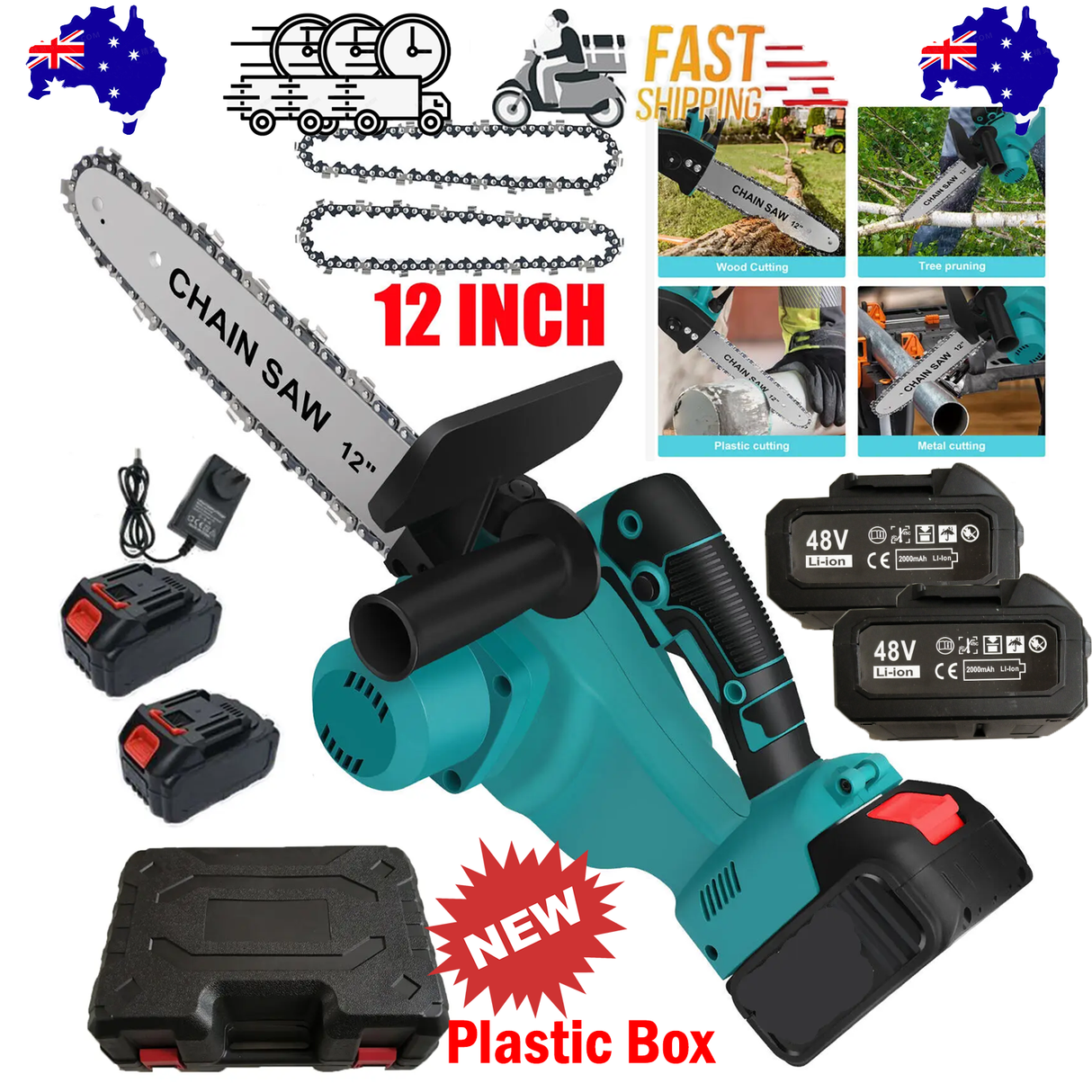12inch Cordless Electric Chainsaw + 2 Battery 2 Chain Brushless Wood Cutter Saw