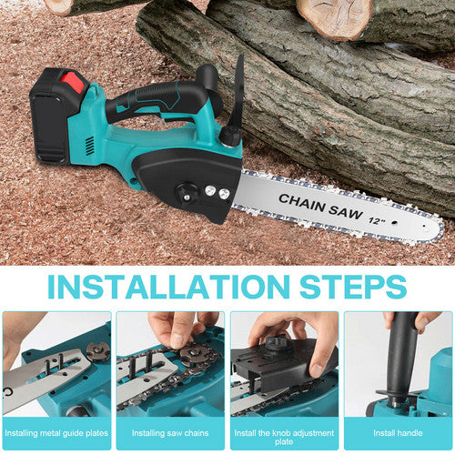 12inch Cordless Electric Chainsaw + 2 Battery 2 Chain Brushless Wood Cutter Saw
