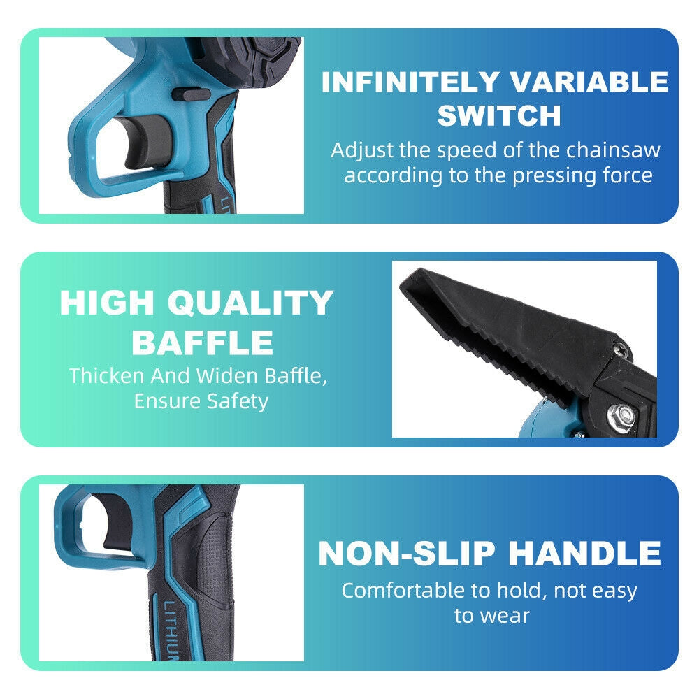 6 Mini Cordless Electric Chainsaw 2X Battery Powered Wood Cutter Rechargeable
