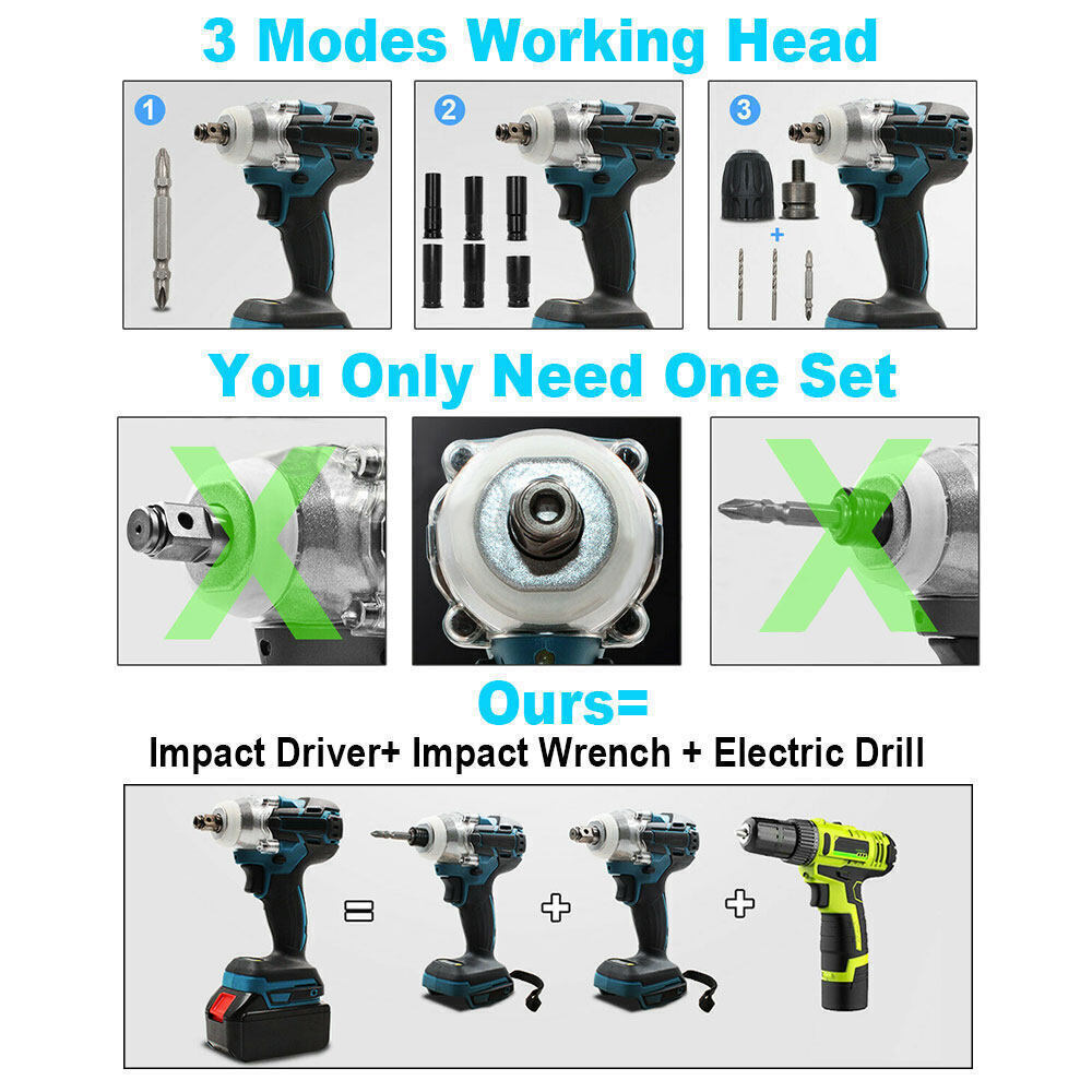 Cordless Electric Impact Wrench Brushless Rattle Gun 1/2 Driver +Large Battery