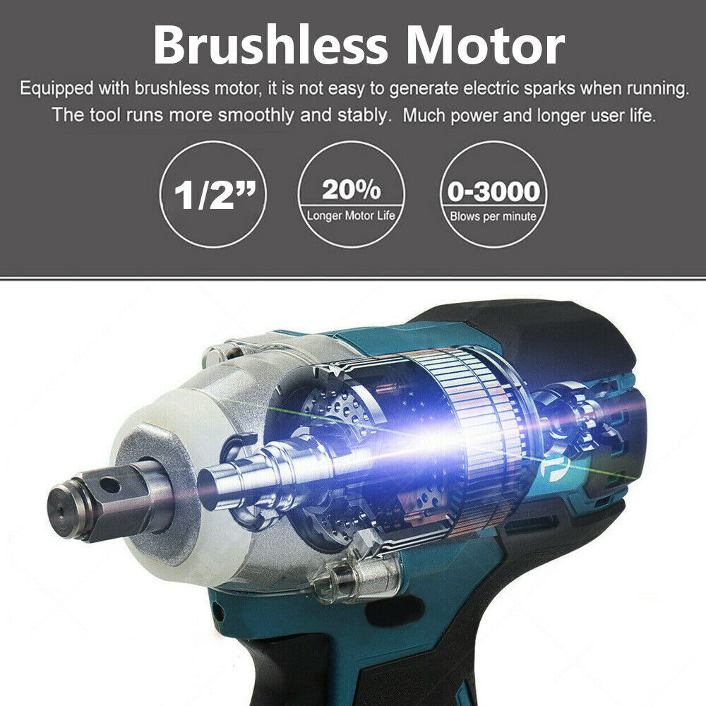 Cordless Electric Impact Wrench Brushless Rattle Gun 1/2 Driver +Large Battery