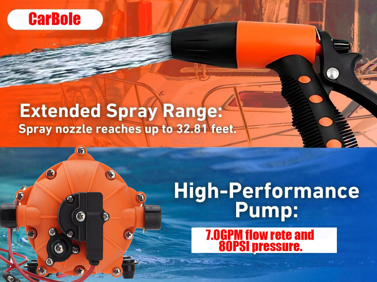 6.6GPM Washdown Pump Kit 12V Wash Pump w/ Hose Nozzle For Caravan RV Marine Boat