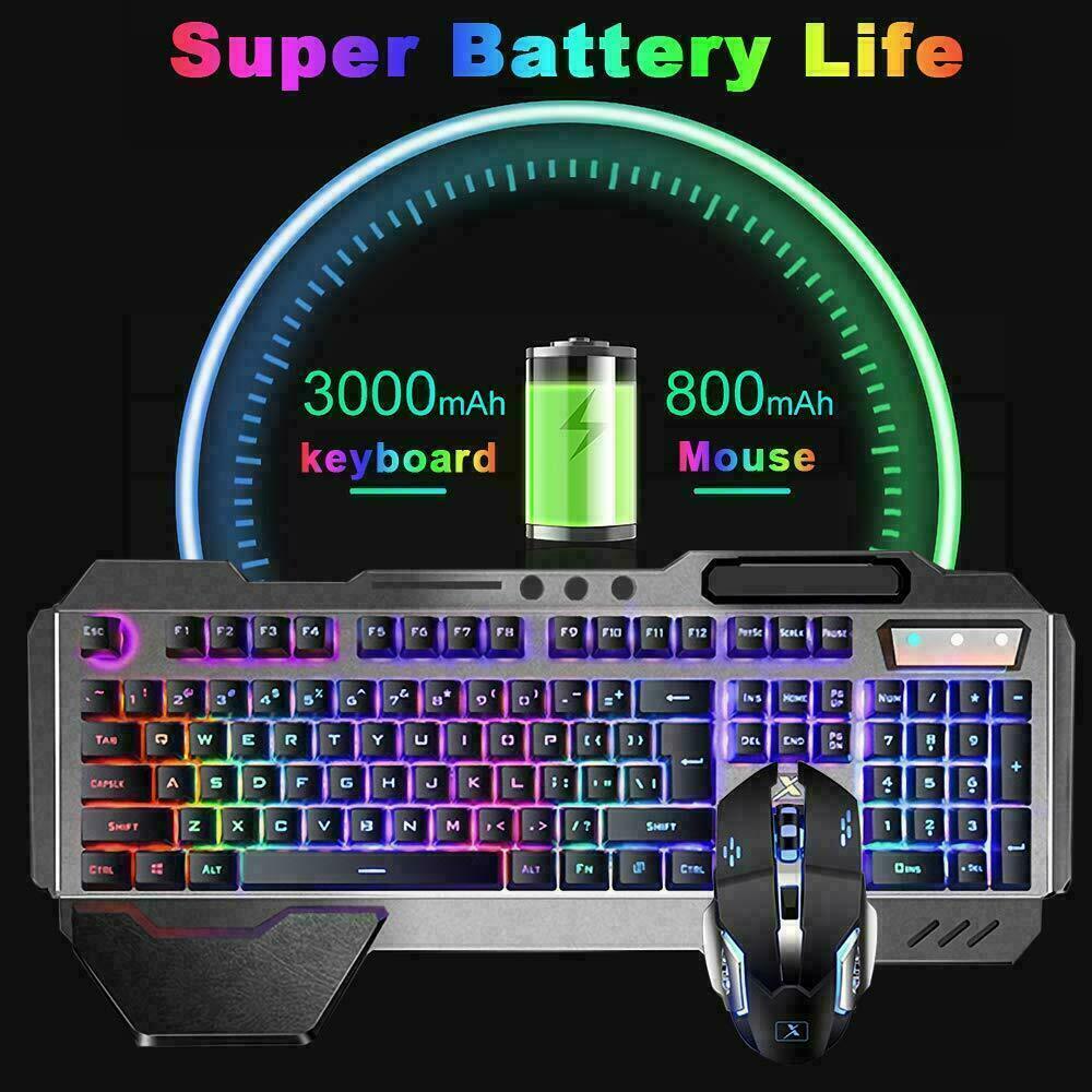 104 Keys Wireless Gaming Keyboard Mouse Set+Mouse Pad, RGB LED Backlit PC/Laptop Black-Rainbow