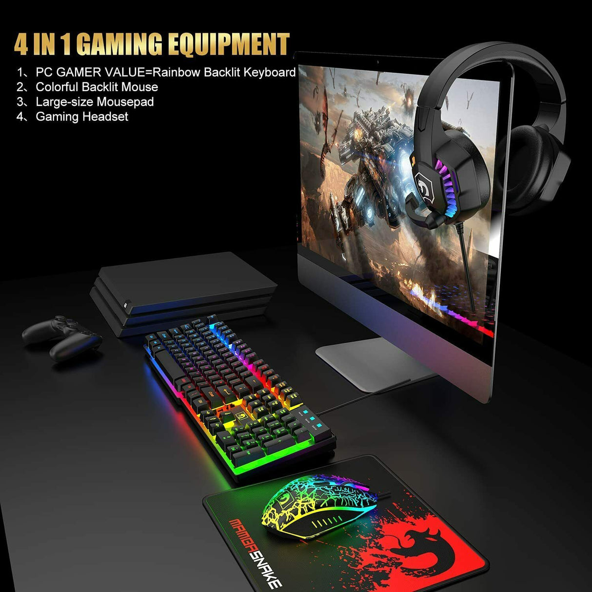 Gaming Keyboard & Mouse & Headset & Mousepad Set RGB Backlit Wired for PC Laptop