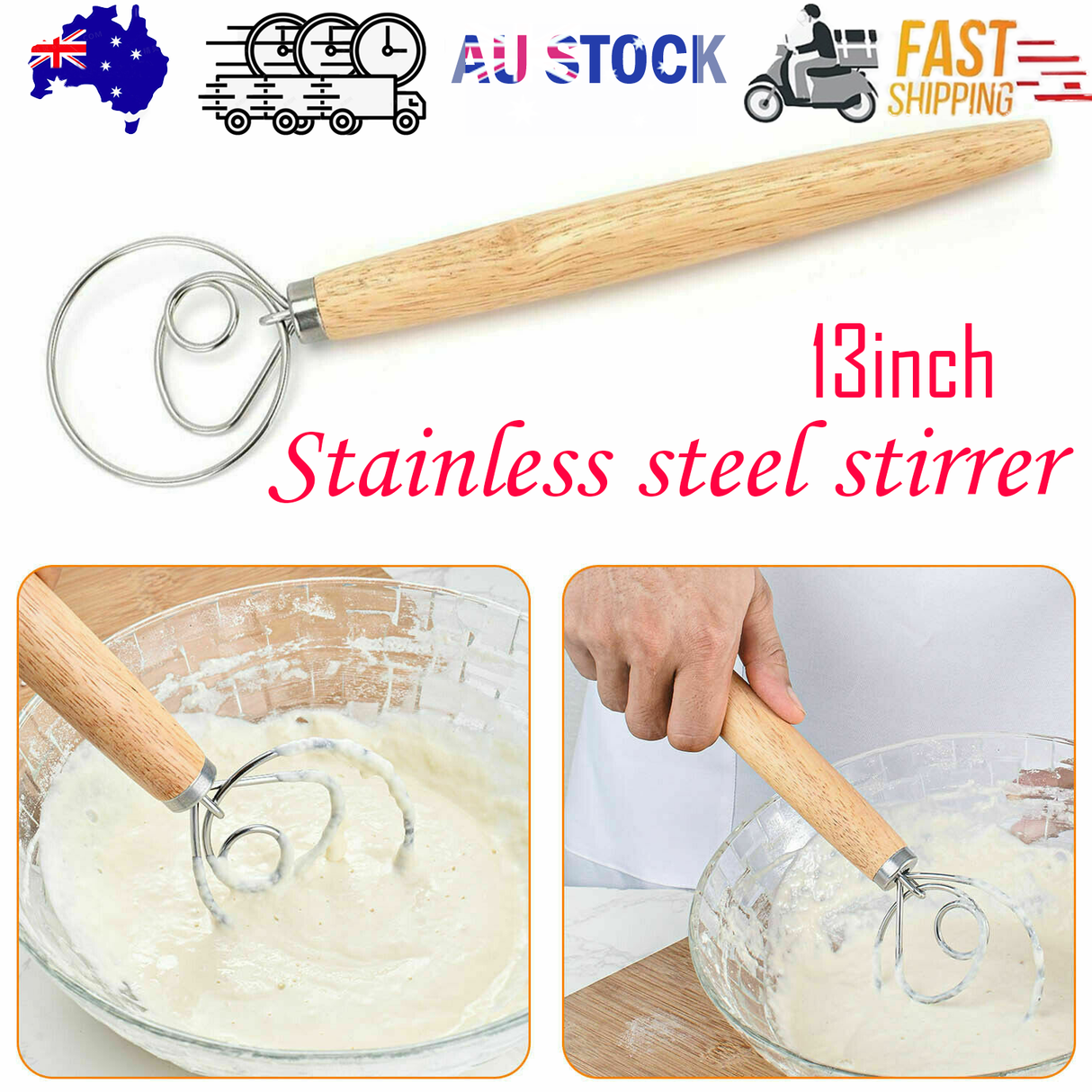 13 INCHES BAKING DOUGH STAINLESS STEEL LARGE WIRE WHISK MIXER BREAD COOKING TOOL