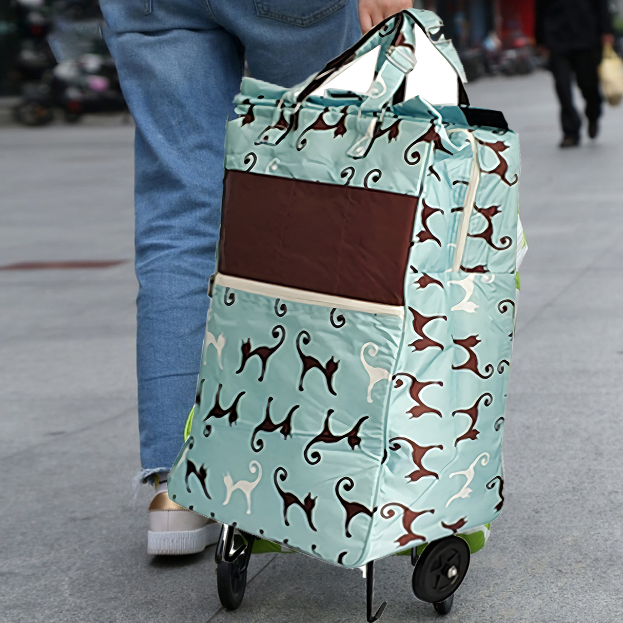 Shopping Trolley Cart Bag Foldable Wheels Carts Bags Market Luggage Basket sky blue cat