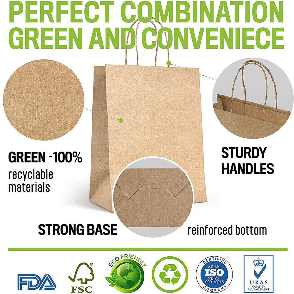 25pcs Bulk Kraft Paper Bags Gift Shopping Carry Craft Brown Retail Bag with Handles Au M