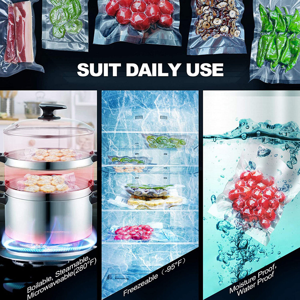 100X Vacuum Sealer Bags Precut Food Storage Saver Heat Seal Cryovac BPA-Free 20x30cm