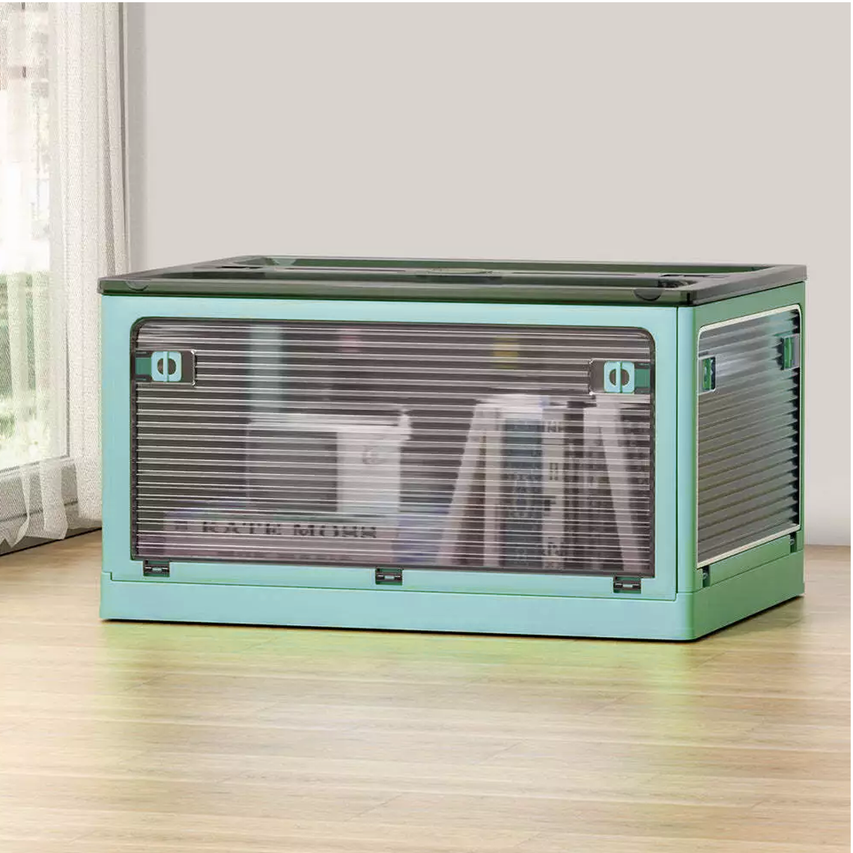 28L BLUE Storage Container Stackable 5 Sides Open Top Lid Transparent Foldable