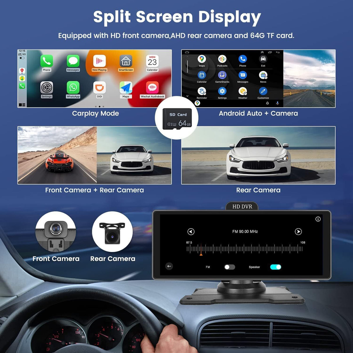 10.26 4K Dash Cam Car Stereo For Apple Carplay & Android Auto GPS Rear Camera