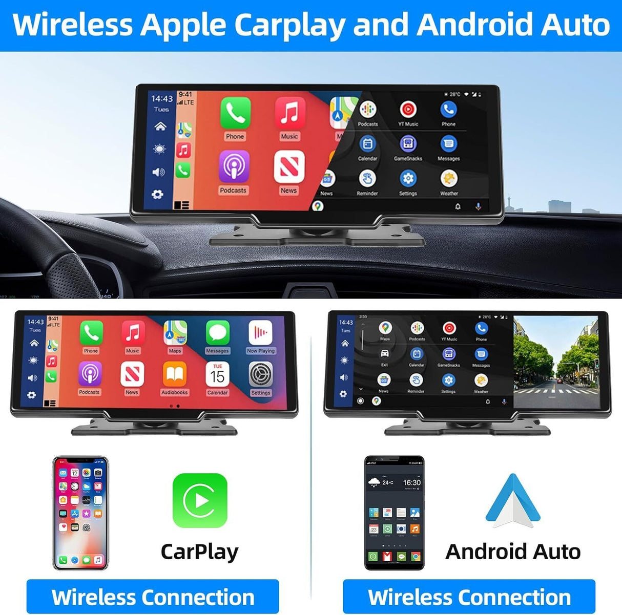 10.26 4K Dash Cam Car Stereo For Apple Carplay & Android Auto GPS Rear Camera