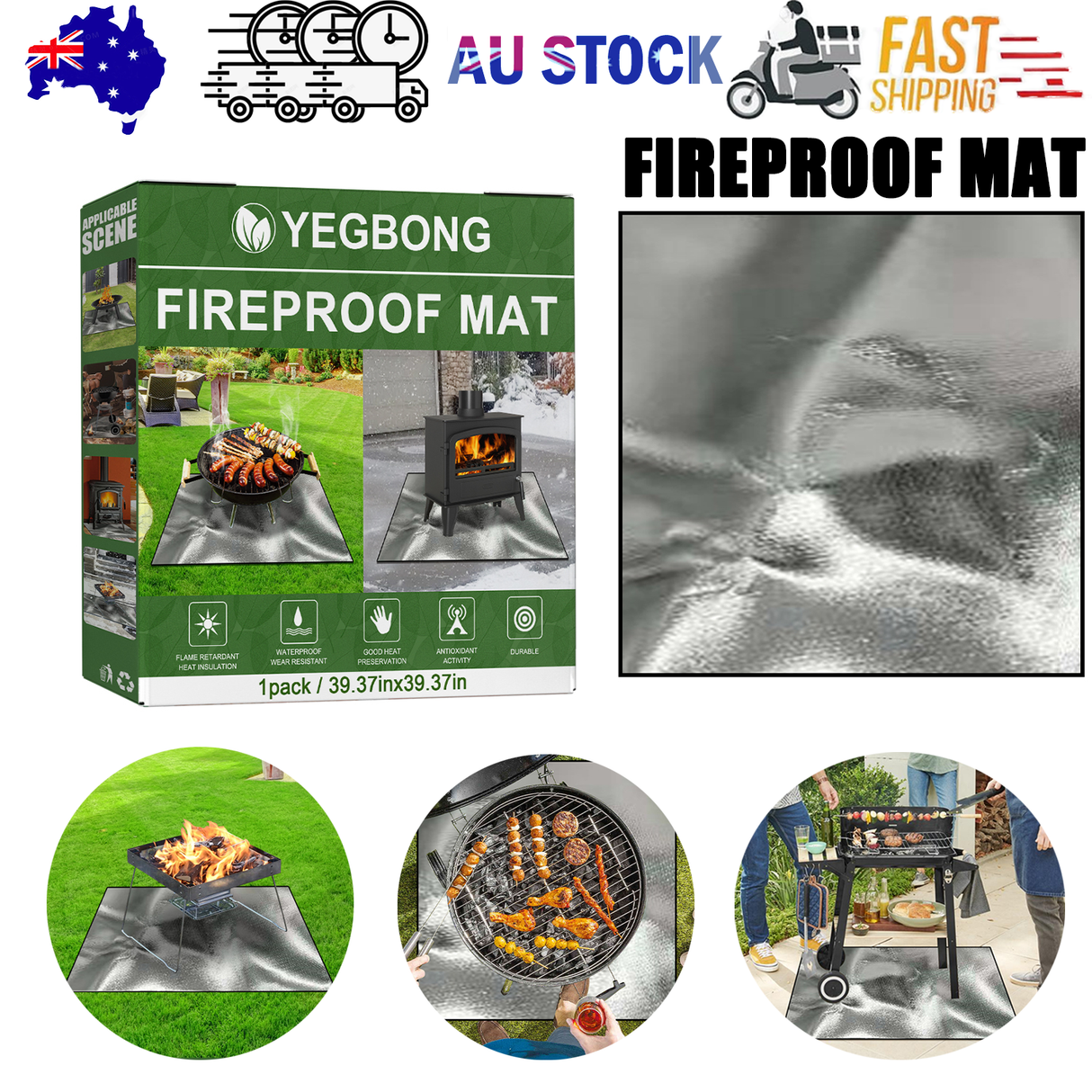 Yegbong Fireproof Mat, Outdoor Lawn Terrace Barbecue Fireproof Silver Rectangular Protective Mat