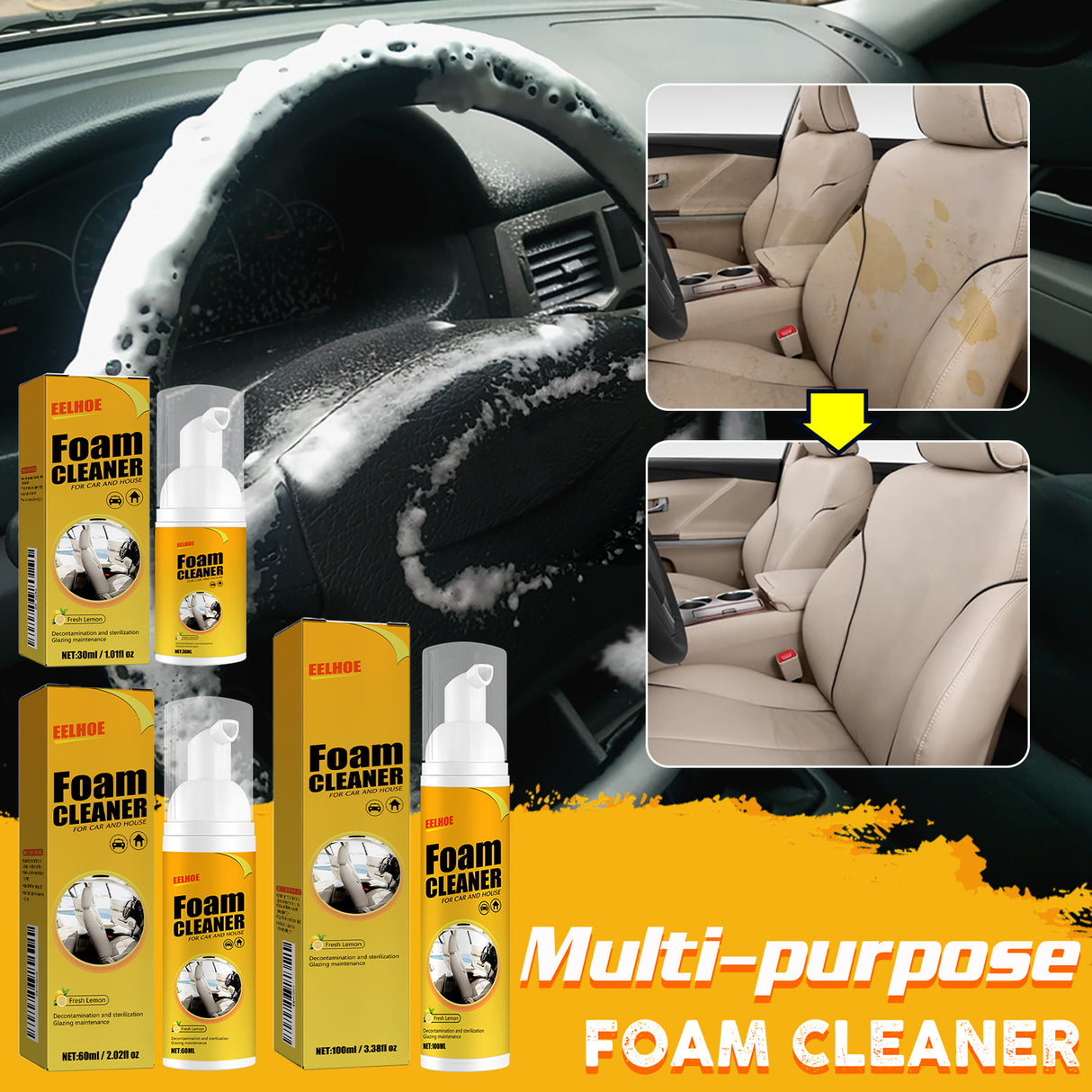 Foam Cleaner, Leather Seat Supplies Decontamination Multi-Functional Interior Cleaner