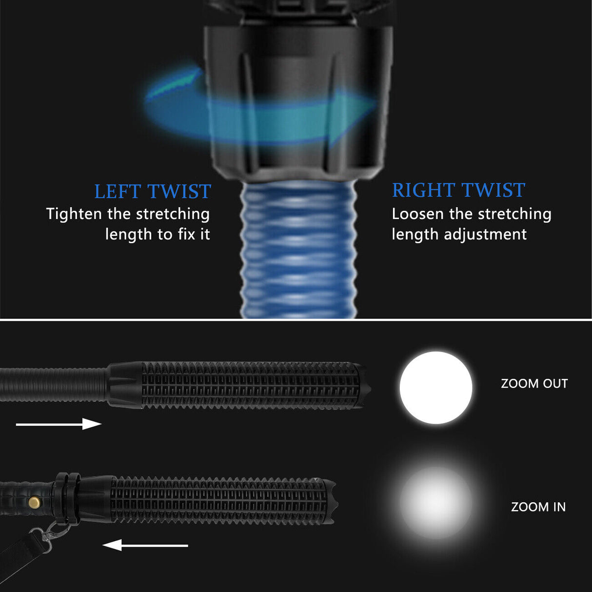 Baseball LED Flashlight Rechargeable Zoom Police Security Torch Baton Lamp Light