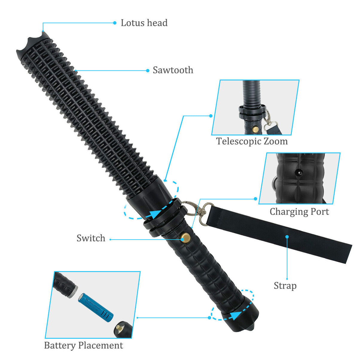 Baseball LED Flashlight Rechargeable Zoom Police Security Torch Baton Lamp Light