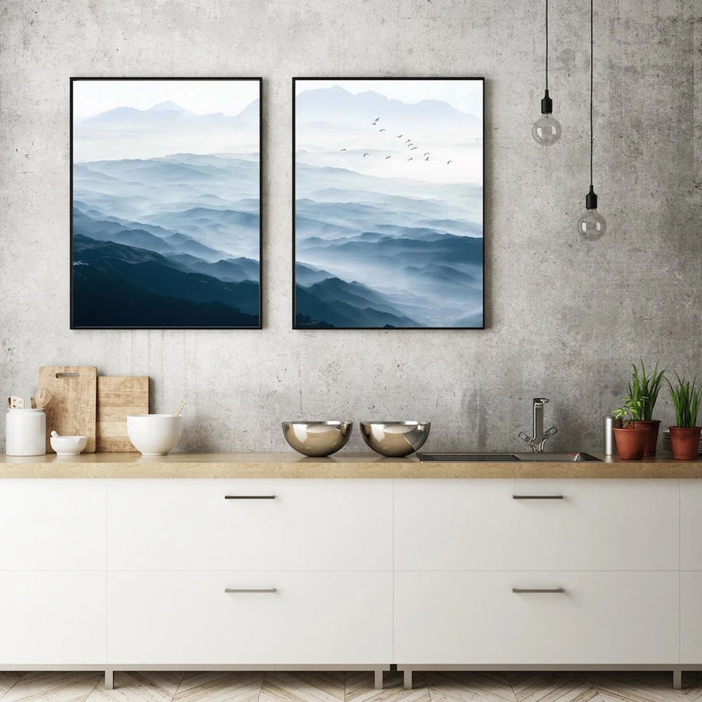 Wall Art 60cmx90cm Blue mountains 2 Sets Black Frame Canvas
