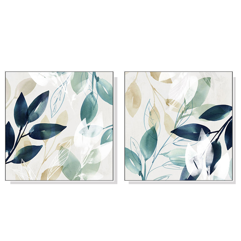Framed Watercolour Leaves Canvas Art Set - 40cm x 40cm, White Frame