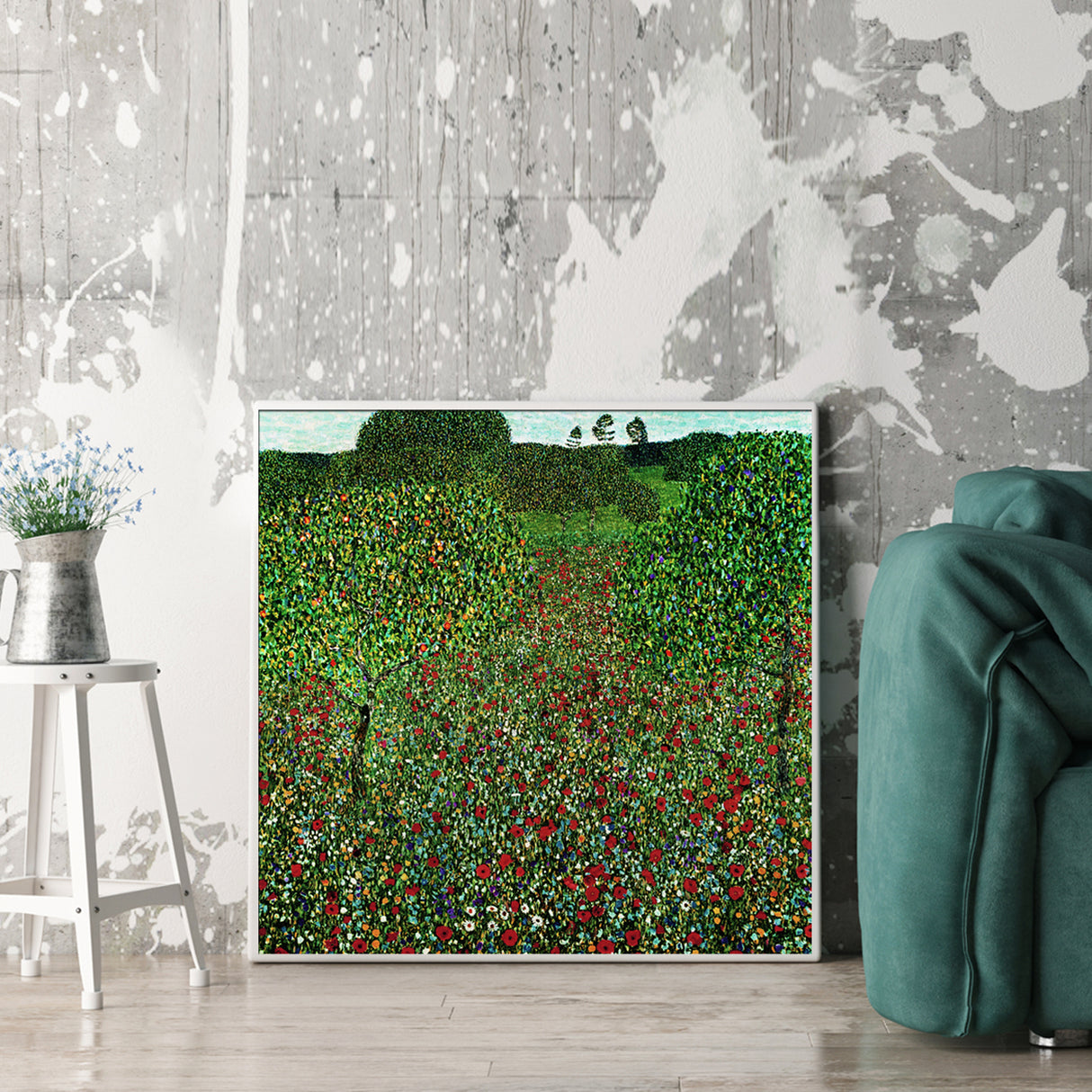 Gustav Klimt's Vibrant Poppy Field Canvas Art - 40cm x 40cm with White Floating Frame