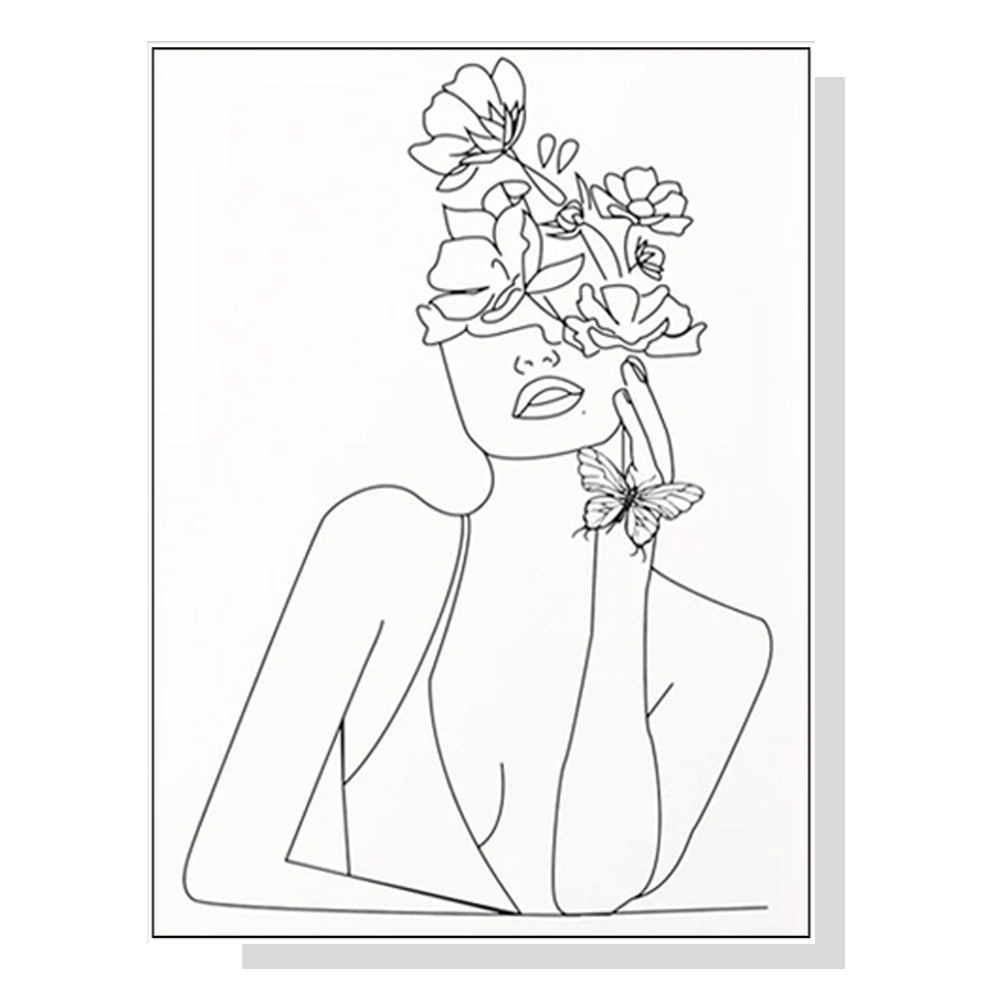 Framed Canvas Art - 40x60cm Line Art Girl in White Frame