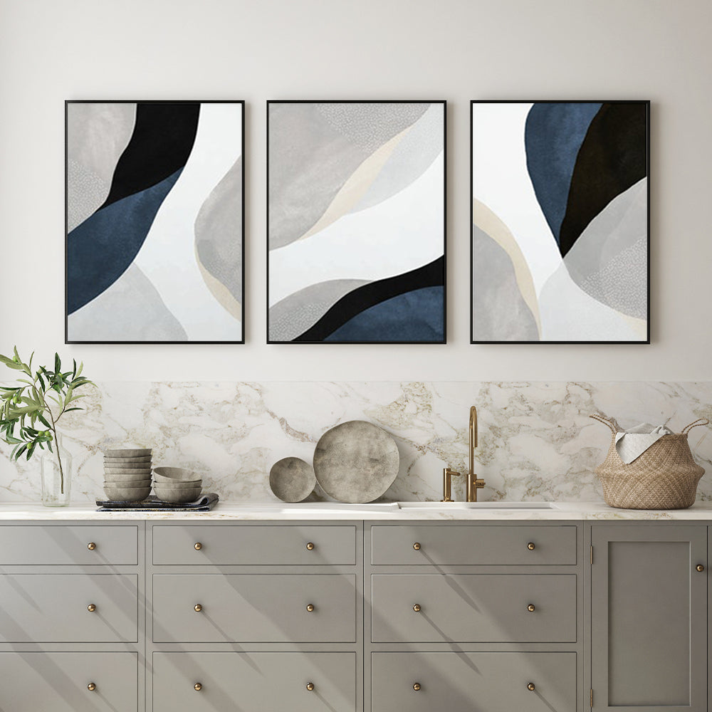 Navy Blue Abstract Canvas Art Set with Black Frames - 100cm x 150cm 3-Piece Collection