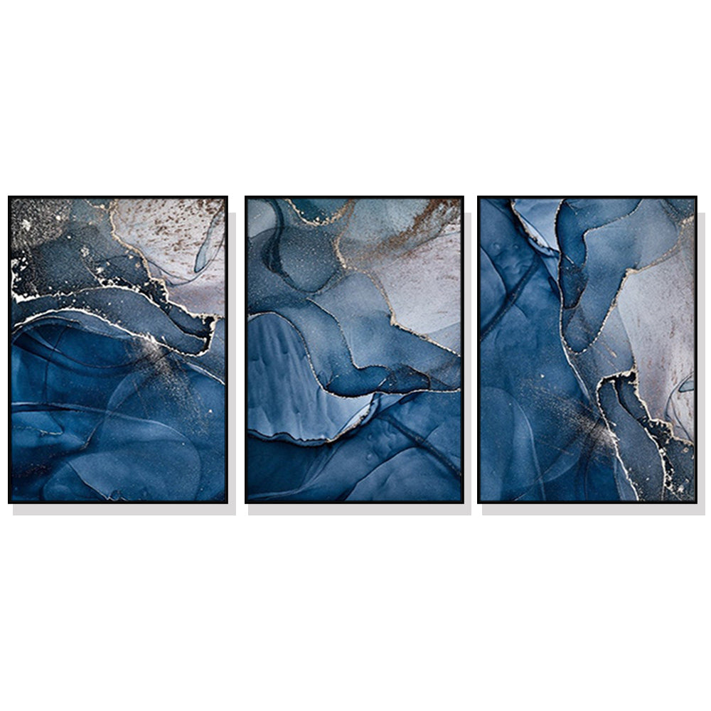 Blue and Gold Marble Canvas Wall Art Set with Black Frames - 80cm x 120cm (3 Pieces)