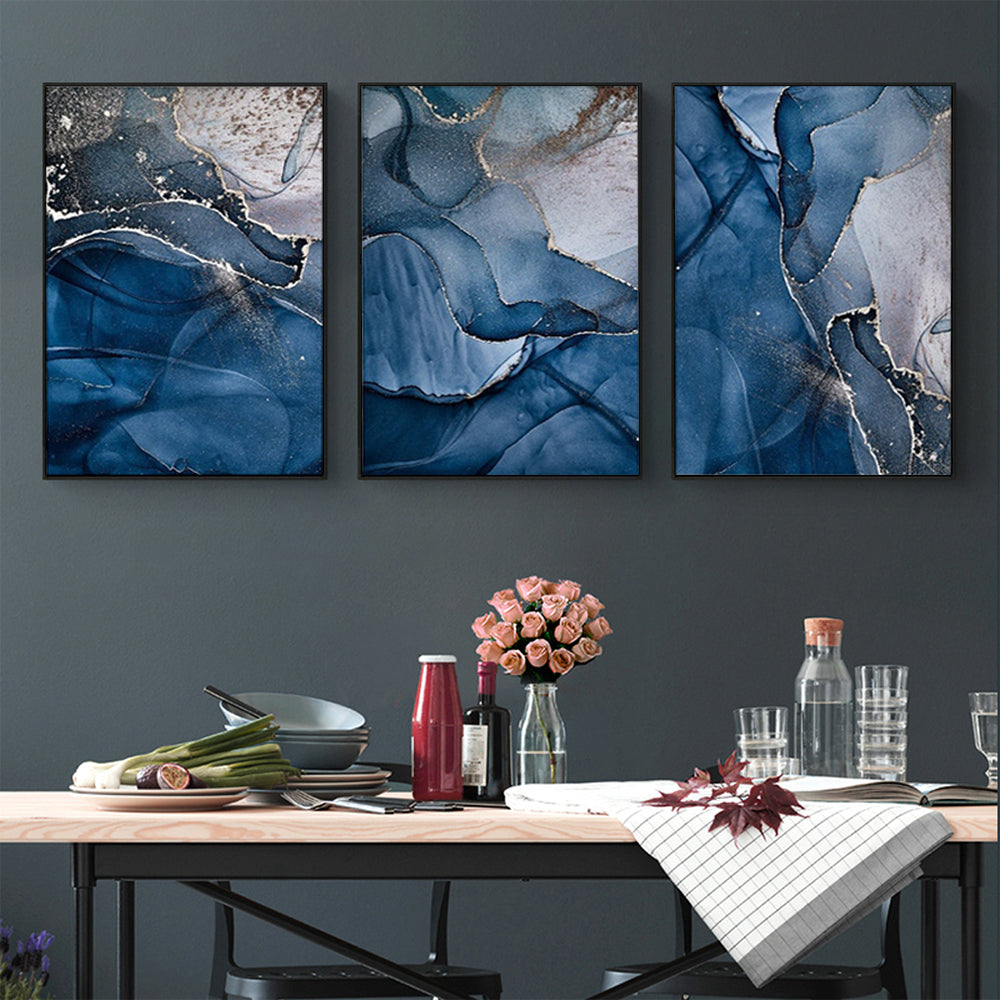 Blue and Gold Marble Canvas Wall Art Set with Black Frames - 80cm x 120cm (3 Pieces)