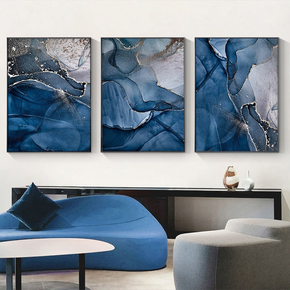 Blue and Gold Marble Canvas Wall Art Set with Black Frames - 80cm x 120cm (3 Pieces)