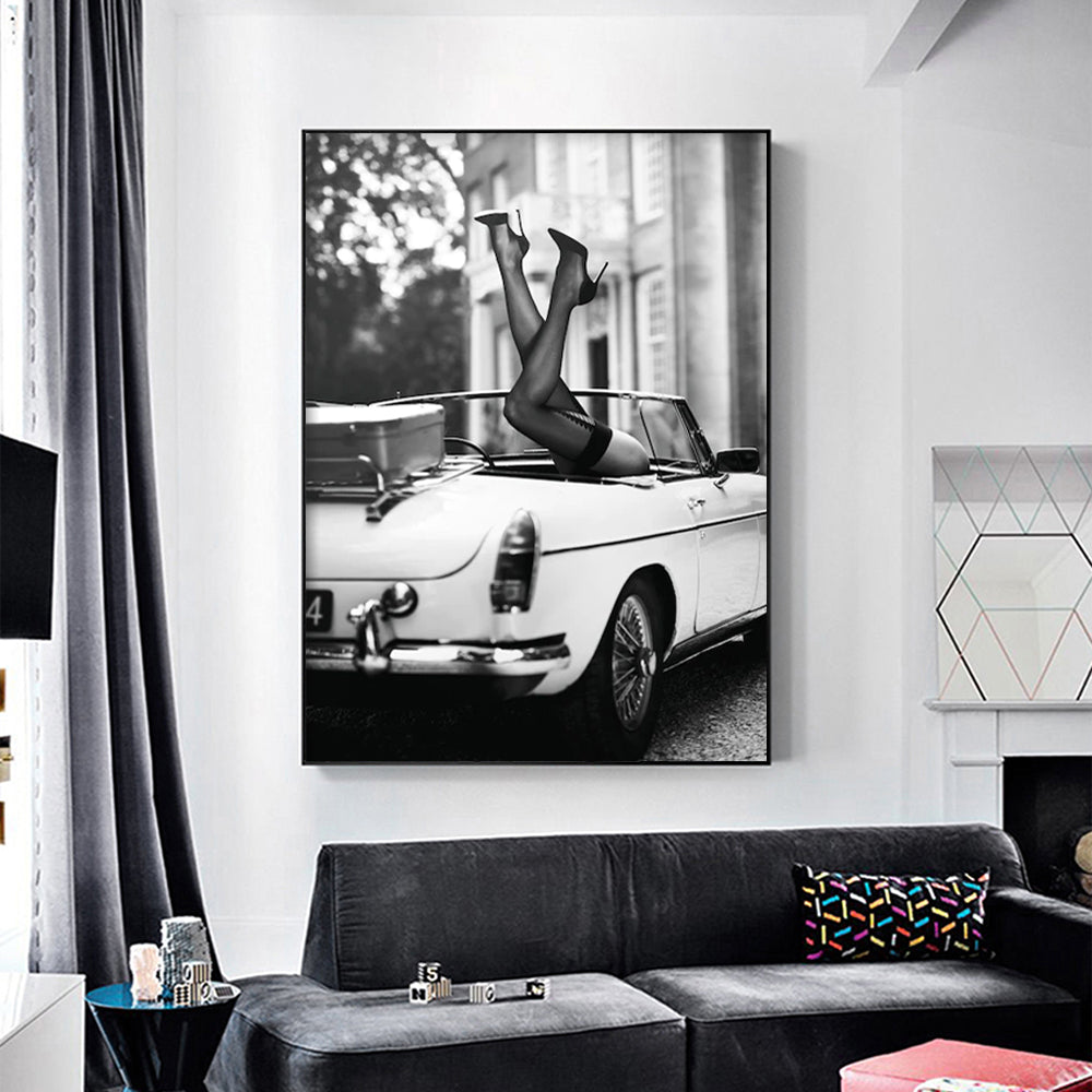 Elegant High Heel Canvas Art in Classic Car with Black Floating Frame - 40cm x 60cm