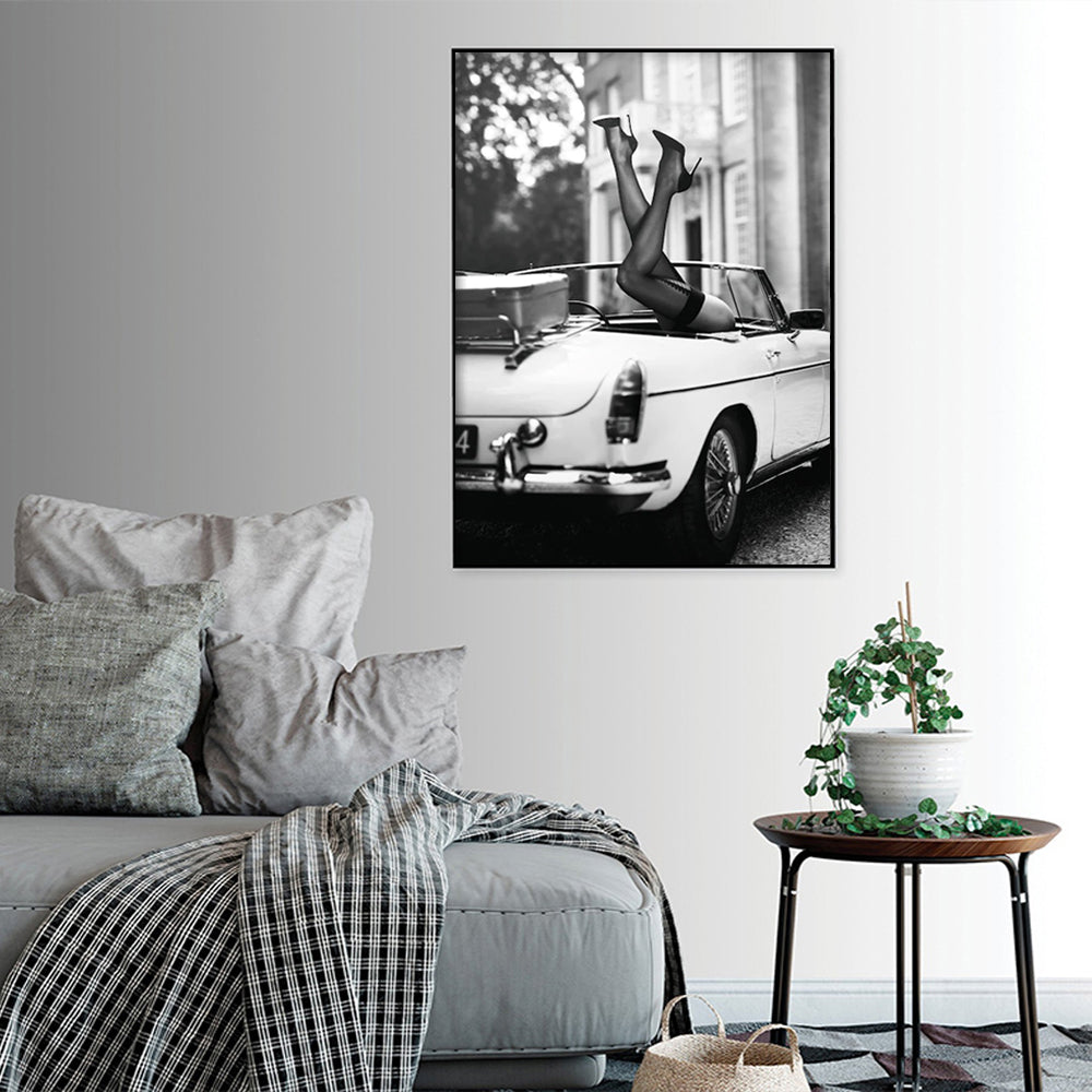 Elegant High Heel Canvas Art in Classic Car with Black Floating Frame - 40cm x 60cm