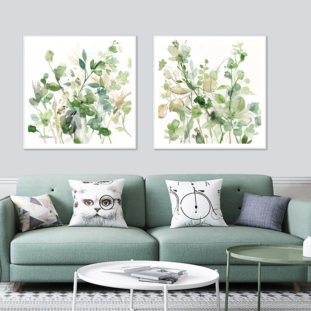 Sage Garden Canvas Art by Carol Robinson - 90cm x 90cm in White Frame (Set of 2)