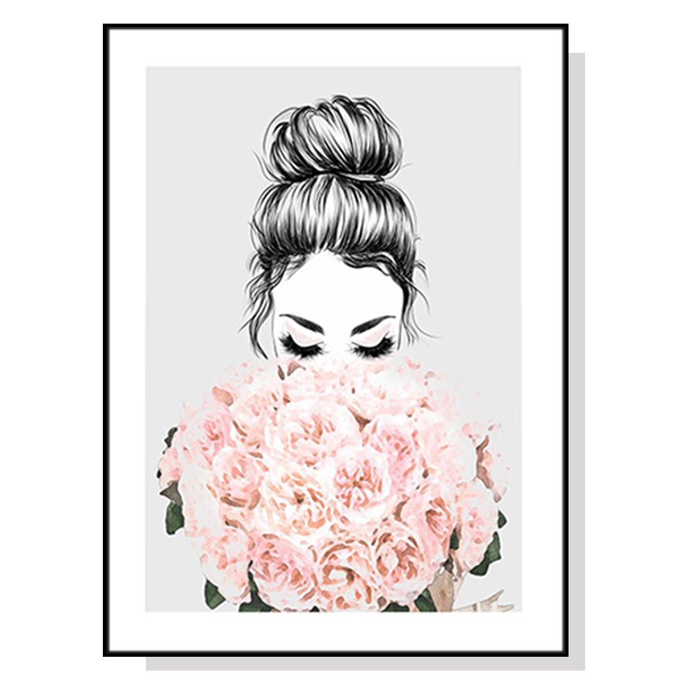 Roses Girl Canvas Art 100cm x 150cm with Elegant Black Frame