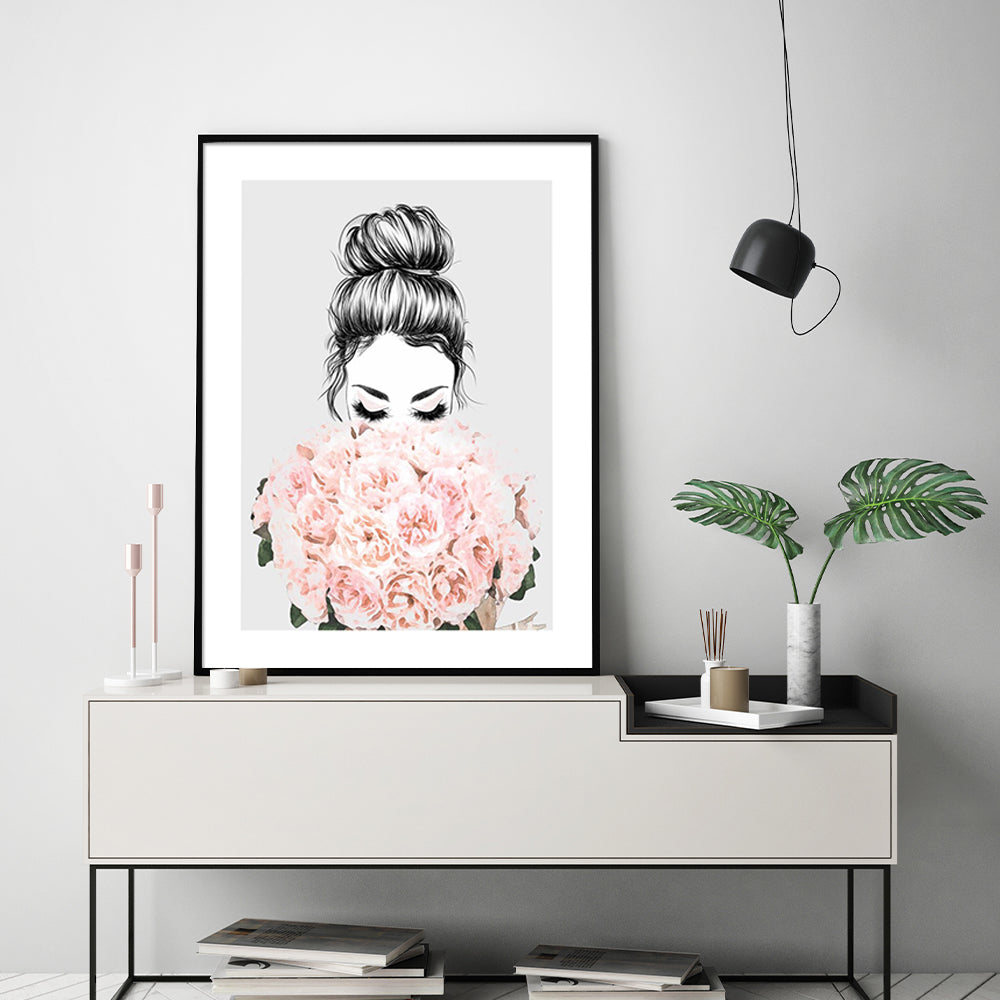 Roses Girl Canvas Art 100cm x 150cm with Elegant Black Frame