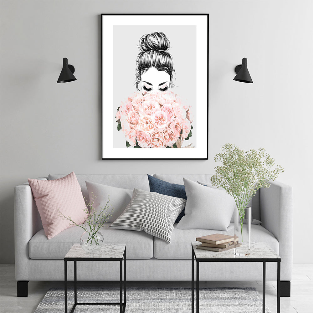 Roses Girl Canvas Art 100cm x 150cm with Elegant Black Frame