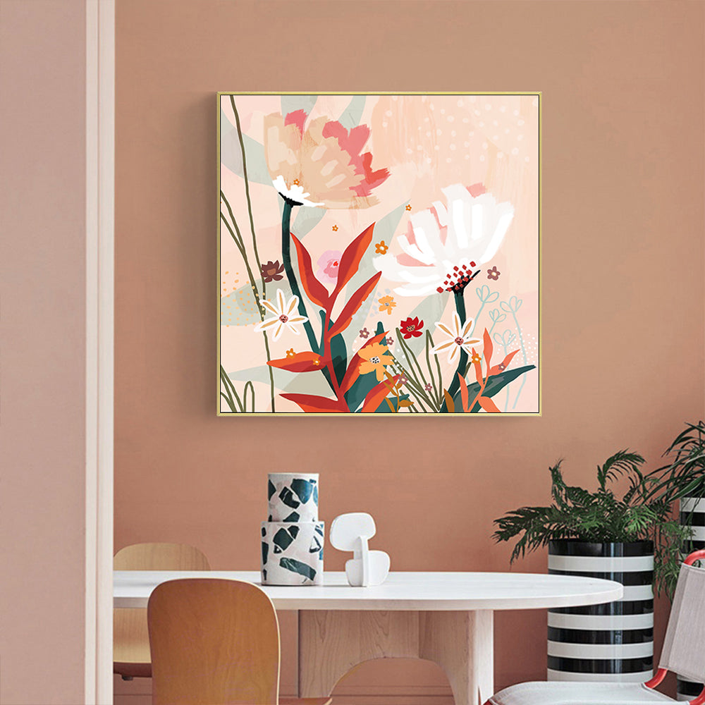 Native Floral Canvas Art with Elegant Gold Frame - 40cm x 40cm