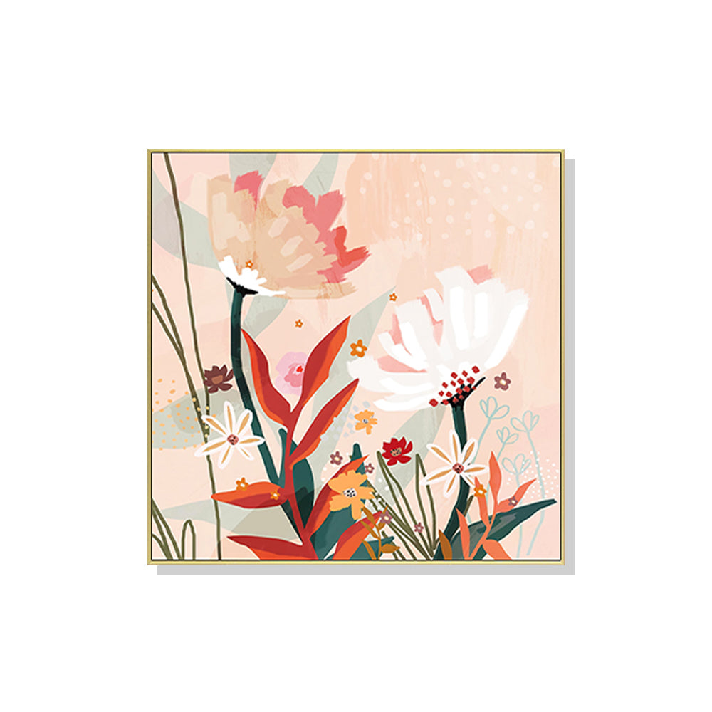 Native Floral Canvas Art with Elegant Gold Frame - 100cm x 100cm