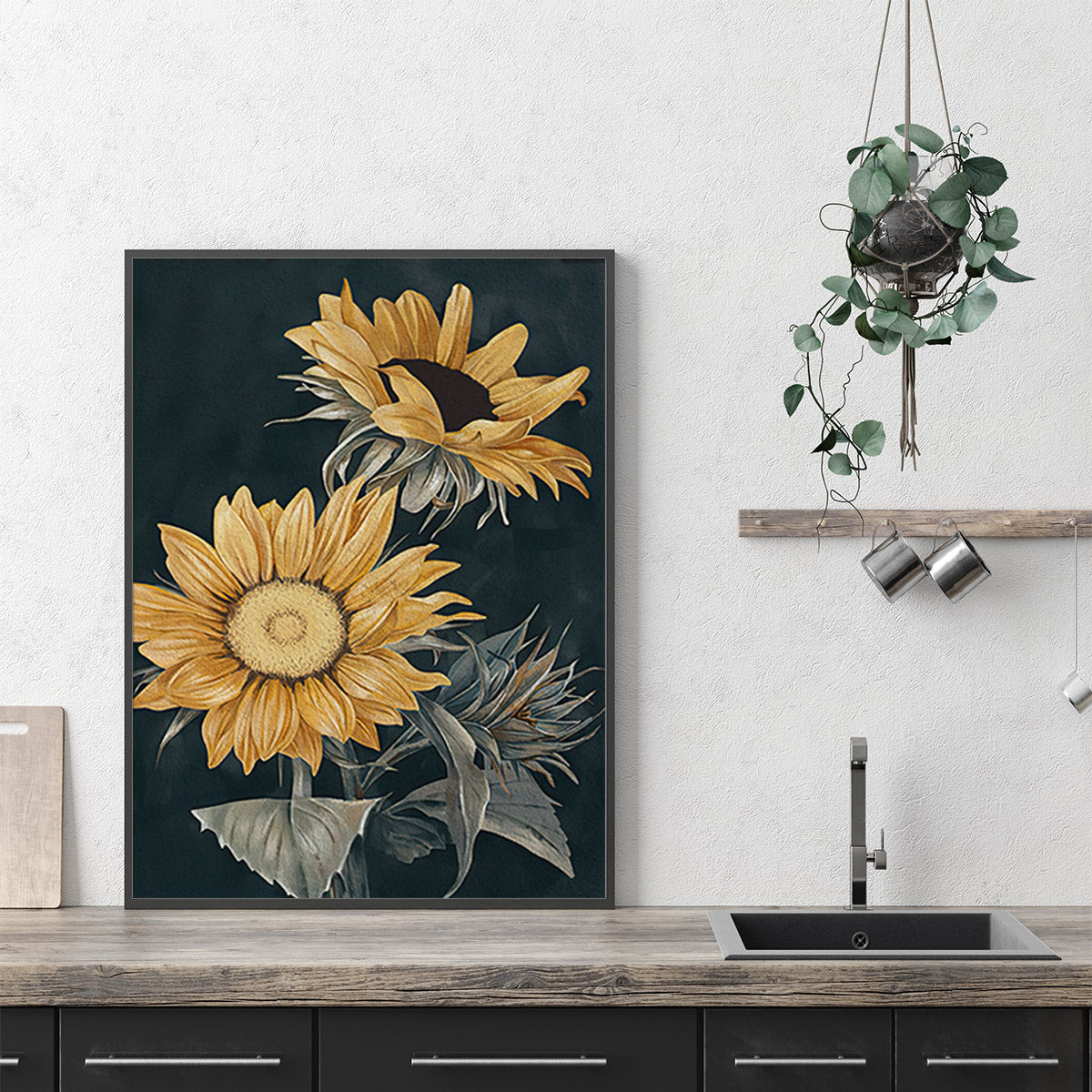 Framed Sunflower Canvas Art - 40cm x 60cm with Black Floating Frame