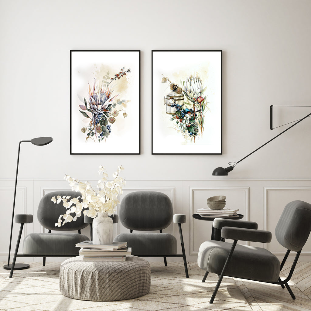 Framed Canvas Art Set - Berries and Protea (40cm x 60cm) - Black Frame Decor