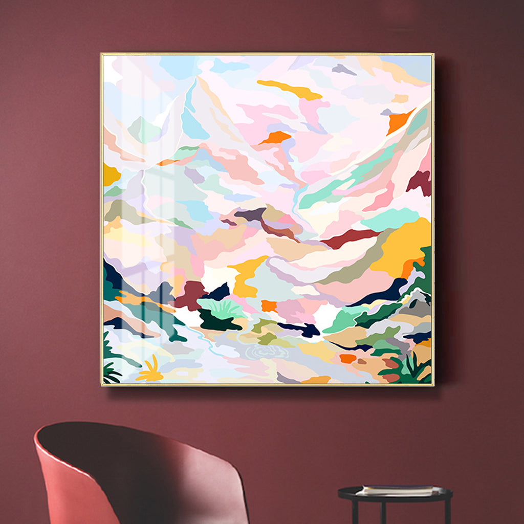 Hand-Painted 40cmx40cm Abstract Pink Mountain Canvas Art in Elegant Gold Frame